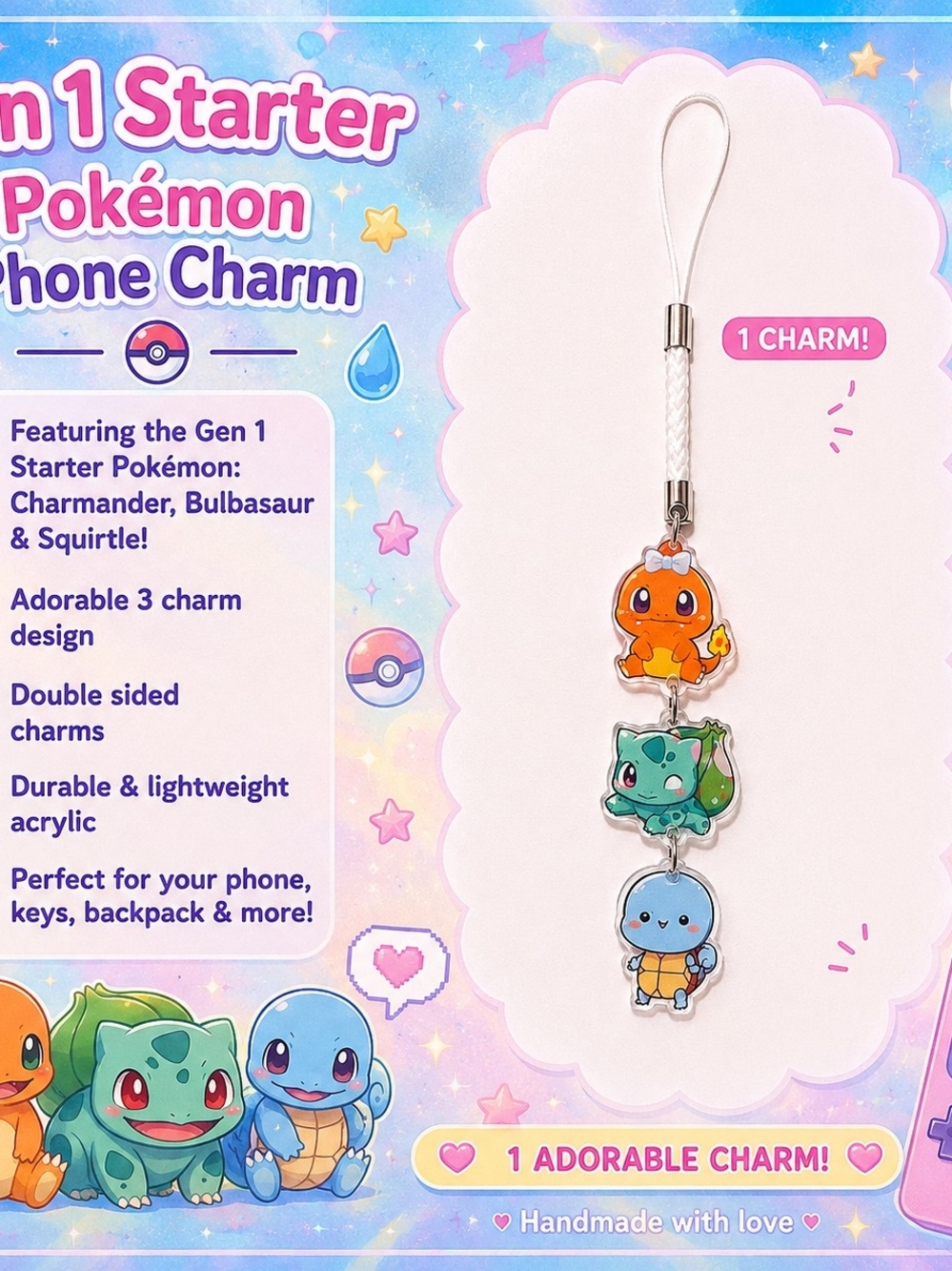 Pokémon Gen 1 Starter Triple Charm Phone Strap - White